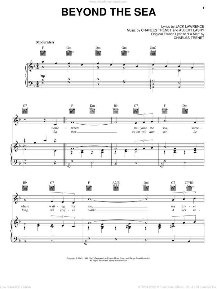 Beyond The Sea sheet music for voice, piano or guitar by Bobby Darin, Albert Lasry, Charles Trenet and Jack Lawrence, intermediate skill level