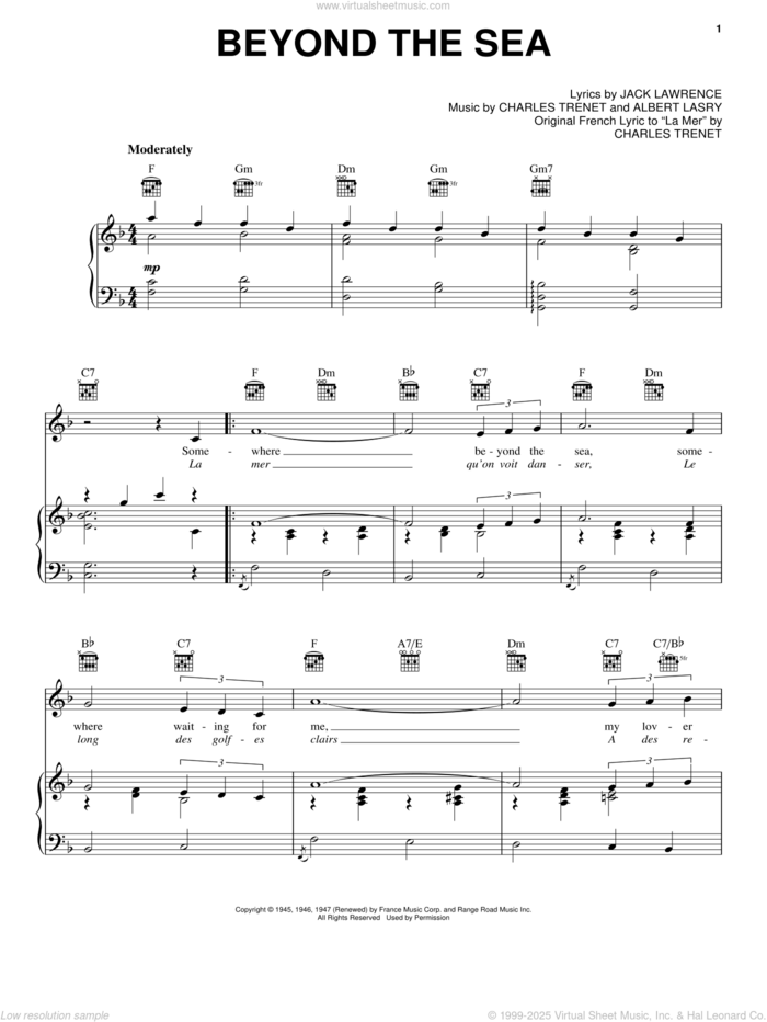 Beyond The Sea sheet music for voice, piano or guitar by Bobby Darin, Albert Lasry, Charles Trenet and Jack Lawrence, intermediate skill level