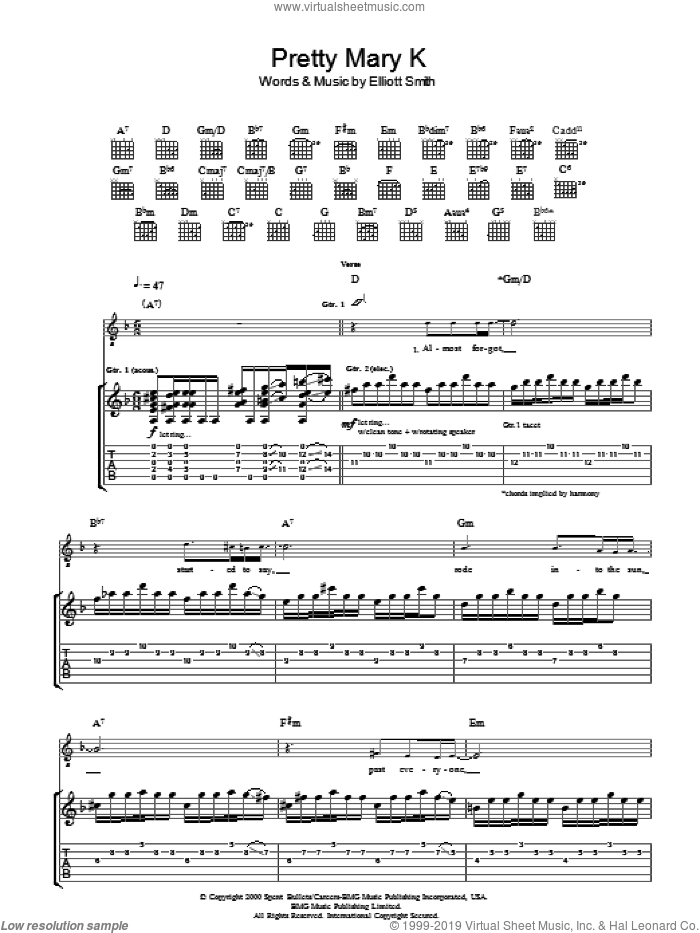 Pretty Mary K sheet music for guitar (tablature) by Elliott Smith, intermediate skill level