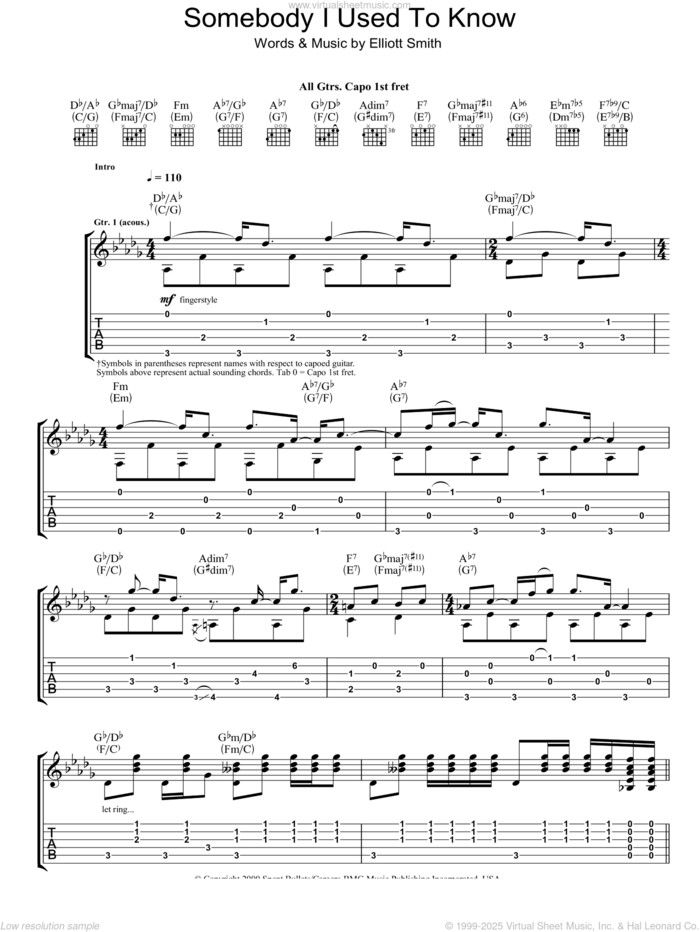 Somebody That I Used To Know sheet music for guitar (tablature) by Elliot Smith and Elliott Smith, intermediate skill level