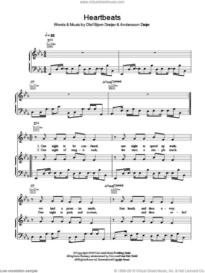 Heartbeats sheet music for voice, piano or guitar by Jose Gonzalez, Andersson Dreijer and Olof Bjorn Dreijer, intermediate skill level