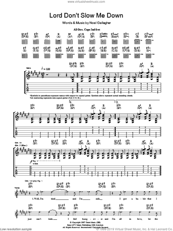 Lord Don't Slow Me Down sheet music for guitar (tablature) by Oasis and Noel Gallagher, intermediate skill level