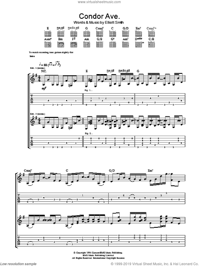 Condor Ave. sheet music for guitar (tablature) by Elliott Smith, intermediate skill level