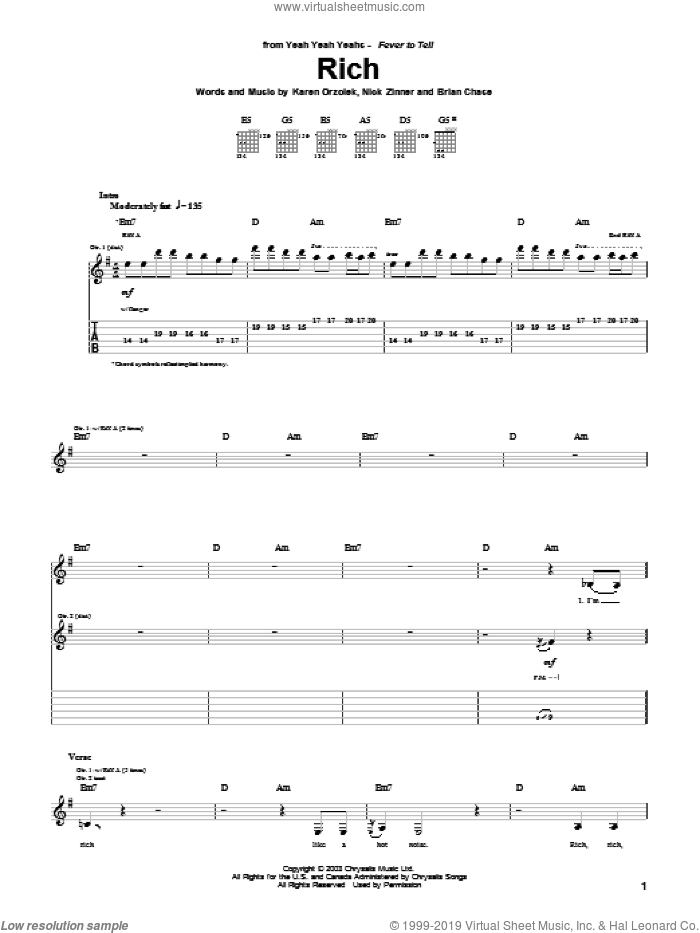 Rich sheet music for guitar (tablature) by Yeah Yeah Yeahs, Brian Chase, Karen Orzolek and Nick Zinner, intermediate skill level