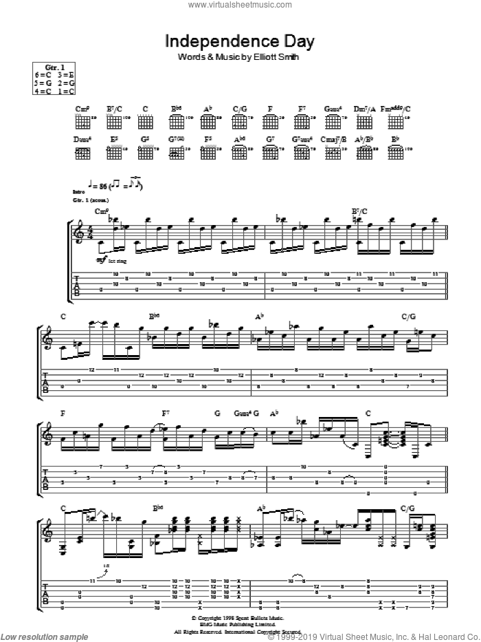 Independence Day sheet music for guitar (tablature) by Elliott Smith, intermediate skill level