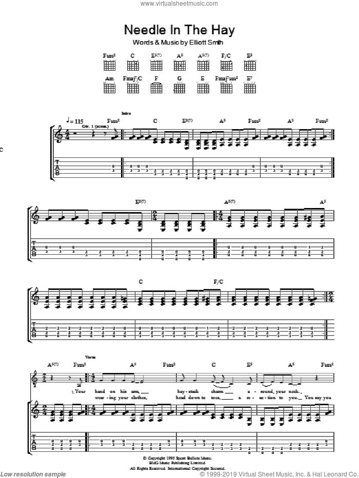 Needle In The Hay sheet music for guitar (tablature) by Elliott Smith, intermediate skill level