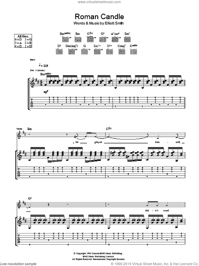 Roman Candle sheet music for guitar (tablature) by Elliott Smith, intermediate skill level