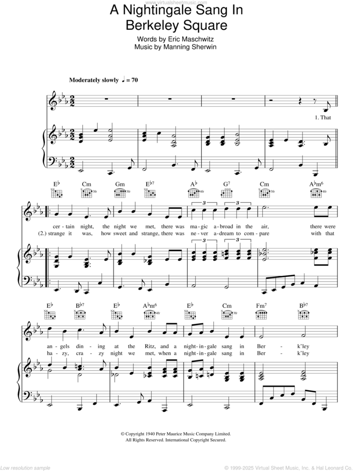 A Nightingale Sang In Berkeley Square sheet music for voice, piano or guitar by Nat King Cole, Manning Sherwin and Eric Maschwitz, intermediate skill level