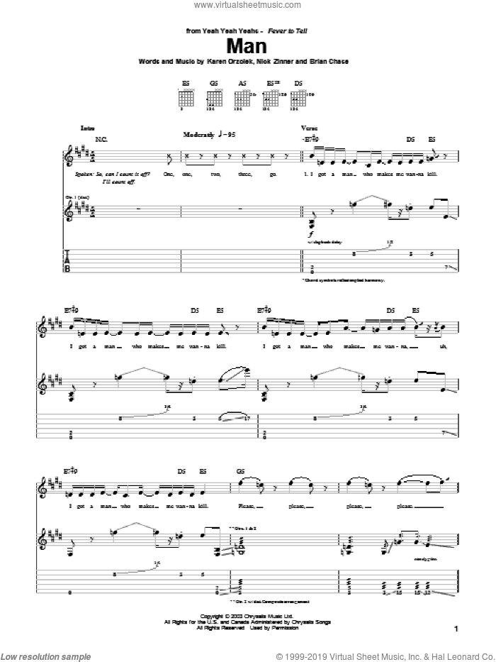 Man sheet music for guitar (tablature) by Yeah Yeah Yeahs, Brian Chase, Karen Orzolek and Nick Zinner, intermediate skill level