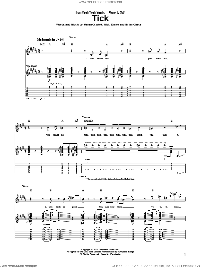 Tick sheet music for guitar (tablature) by Yeah Yeah Yeahs, Brian Chase, Karen Orzolek and Nick Zinner, intermediate skill level