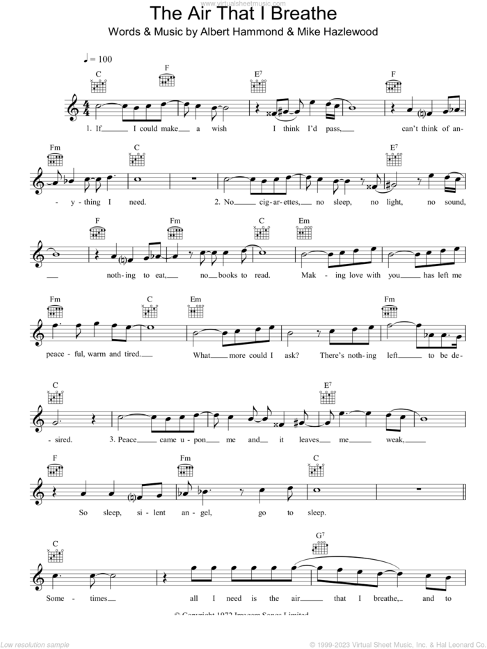 The Air That I Breathe sheet music for voice and other instruments (fake book) by The Hollies, Albert Hammond and Michael Hazlewood, intermediate skill level