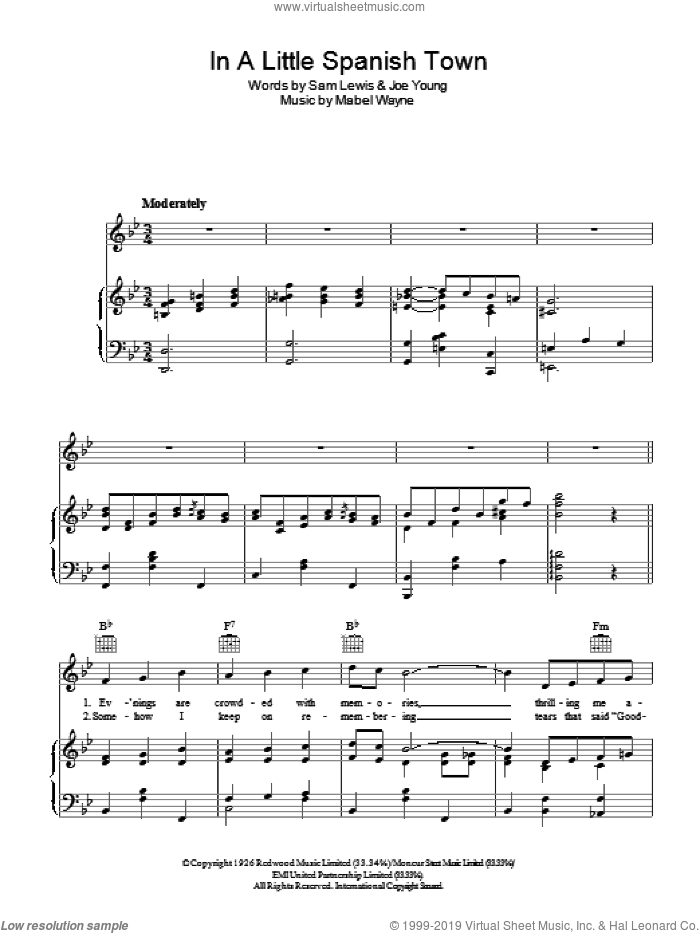 In A Little Spanish Town ('Twas On A Night Like This) sheet music for voice, piano or guitar by Nick Lucas, Mabel Wayne, Joe Young and Sam Lewis, intermediate skill level