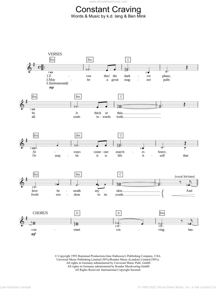 Constant Craving sheet music for piano solo (chords, lyrics, melody) by K.D. Lang and Ben Mink, intermediate piano (chords, lyrics, melody)