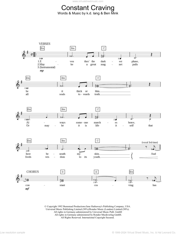 Constant Craving sheet music for piano solo (chords, lyrics, melody) by K.D. Lang and Ben Mink, intermediate piano (chords, lyrics, melody)