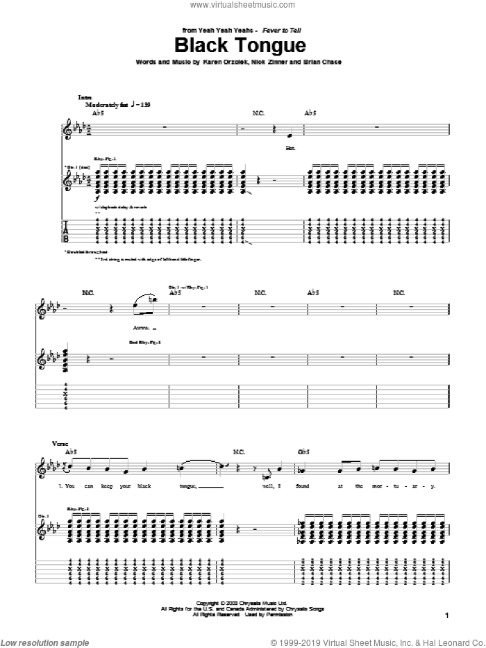 Black Tongue sheet music for guitar (tablature) by Yeah Yeah Yeahs, Brian Chase, Karen Orzolek and Nick Zinner, intermediate skill level
