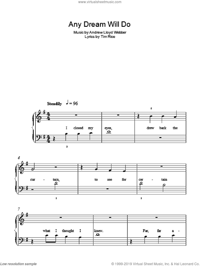 Any Dream Will Do sheet music for piano solo by Andrew Lloyd Webber and Tim Rice, easy skill level