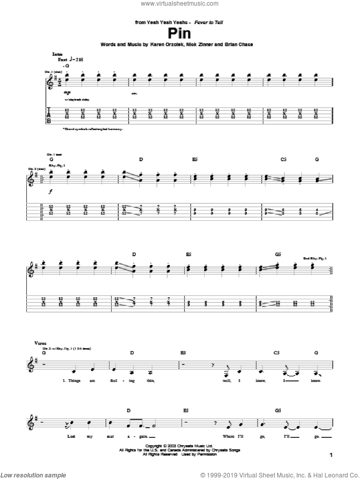 Pin sheet music for guitar (tablature) by Yeah Yeah Yeahs, Brian Chase, Karen Orzolek and Nick Zinner, intermediate skill level