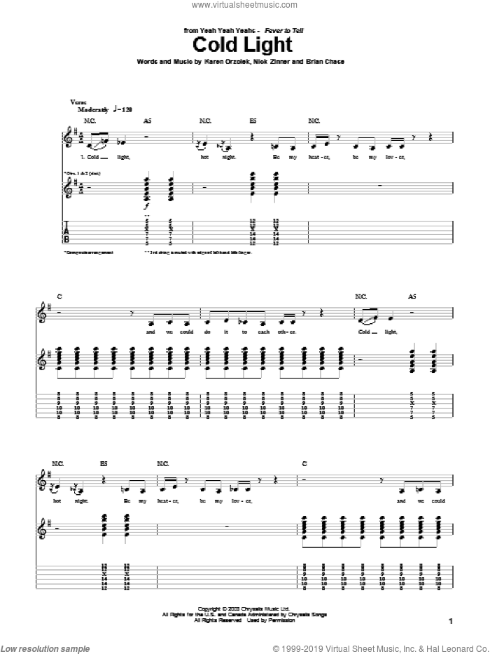Cold Light sheet music for guitar (tablature) by Yeah Yeah Yeahs, Brian Chase, Karen Orzolek and Nick Zinner, intermediate skill level