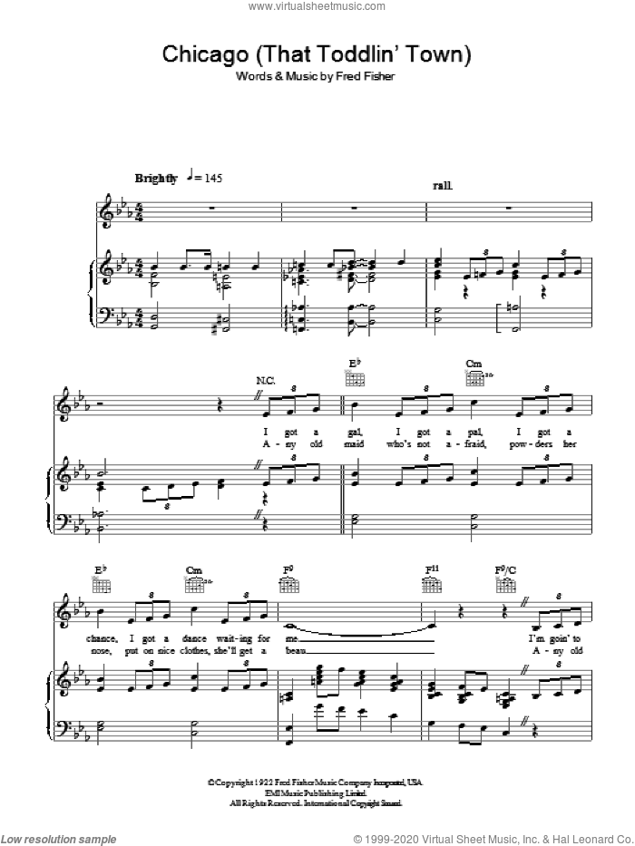 Chicago (That Toddlin' Town) sheet music for voice, piano or guitar by Frank Sinatra and Fred Fisher, intermediate skill level