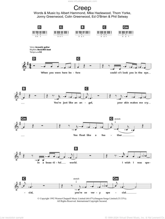 Creep sheet music for piano solo (chords, lyrics, melody) by Radiohead, Albert Hammond, Colin Greenwood, Jonny Greenwood, Michael Hazlewood, Phil Selway and Thom Yorke, intermediate piano (chords, lyrics, melody)