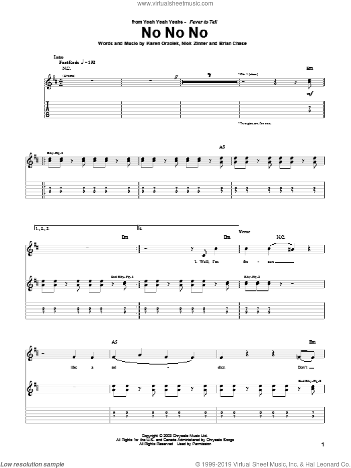 No No No sheet music for guitar (tablature) by Yeah Yeah Yeahs, Brian Chase, Karen Orzolek and Nick Zinner, intermediate skill level