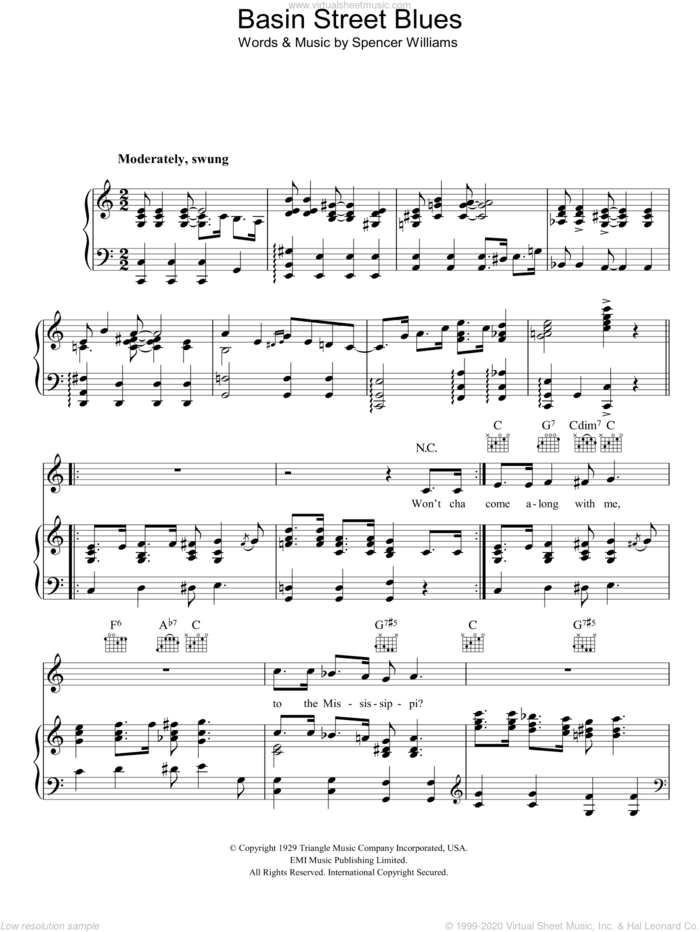Basin Street Blues sheet music for voice, piano or guitar by Louis Armstrong and Spencer Williams, intermediate skill level
