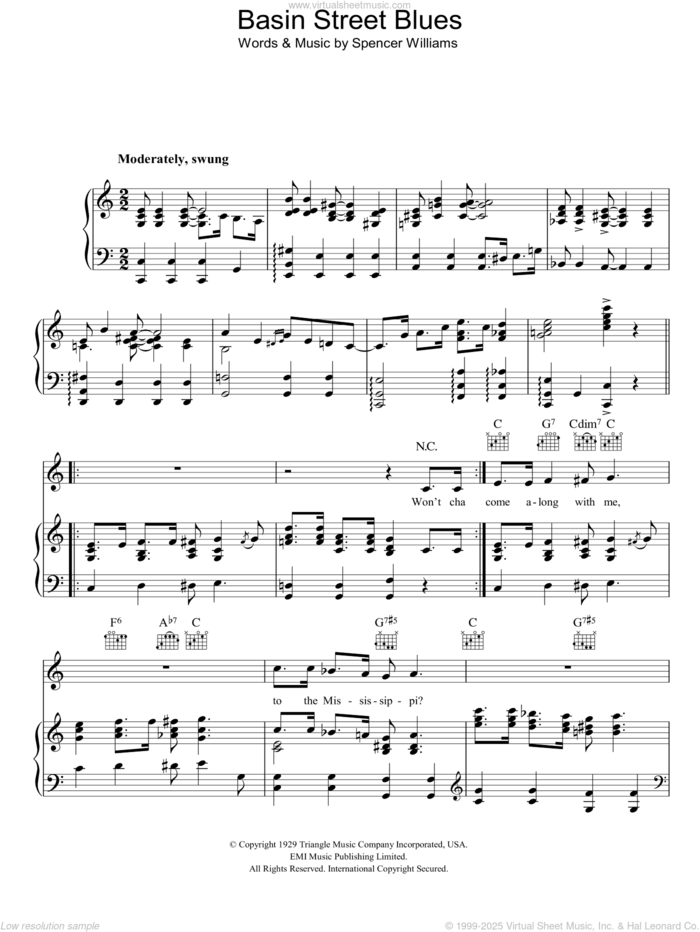 Basin Street Blues sheet music for voice, piano or guitar by Louis Armstrong and Spencer Williams, intermediate skill level