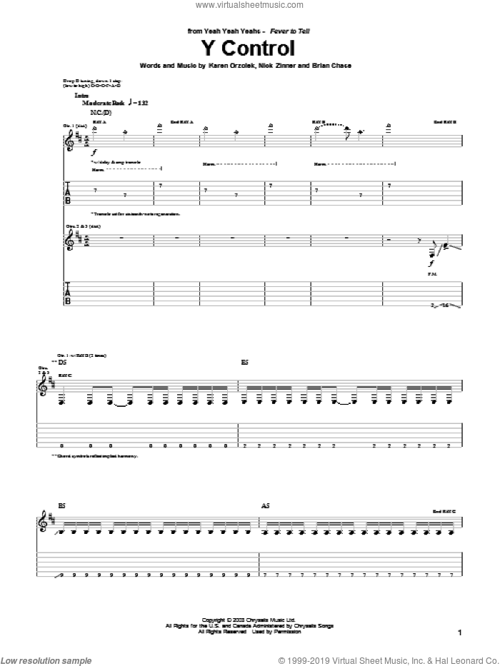 Y Control sheet music for guitar (tablature) by Yeah Yeah Yeahs, Brian Chase, Karen Orzolek and Nick Zinner, intermediate skill level
