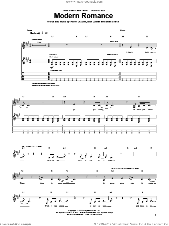 Modern Romance sheet music for guitar (tablature) by Yeah Yeah Yeahs, Brian Chase, Karen Orzolek and Nick Zinner, intermediate skill level