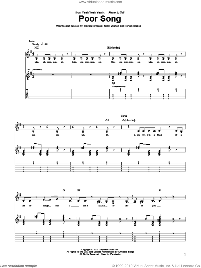 Poor Song sheet music for guitar (tablature) by Yeah Yeah Yeahs, Brian Chase, Karen Orzolek and Nick Zinner, intermediate skill level