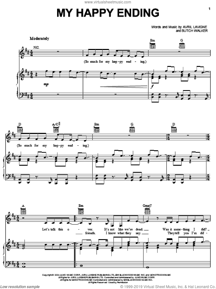 My Happy Ending sheet music for voice, piano or guitar by Avril Lavigne and Butch Walker, intermediate skill level