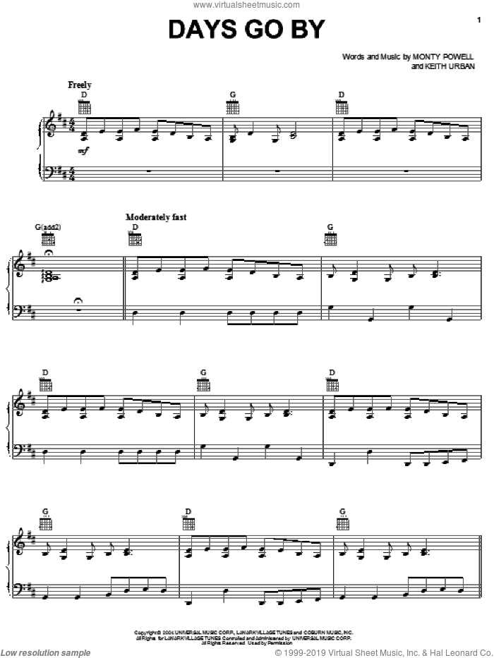 Days Go By sheet music for voice, piano or guitar by Keith Urban and Monty Powell, intermediate skill level