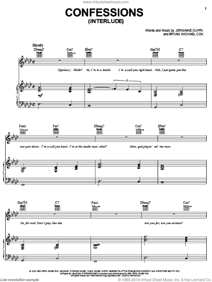 Confessions (Interlude) sheet music for voice, piano or guitar by Gary Usher, Bryan Michael Cox and Jermaine Dupri, intermediate skill level