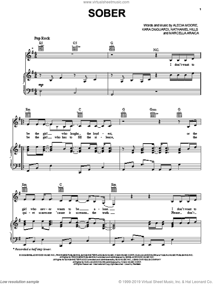 Sober sheet music for voice, piano or guitar by Kara DioGuardi, Miscellaneous, Alecia Moore, Marcella Araica and Nathaniel Hills, intermediate skill level