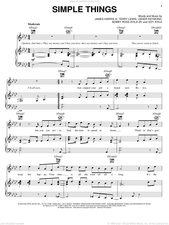 Simple Things sheet music for voice, piano or guitar by James Harris, Gary Usher, Bobby Ross Avila Jr., Izzy Avila, Terry Lewis and Usher Raymond, intermediate skill level
