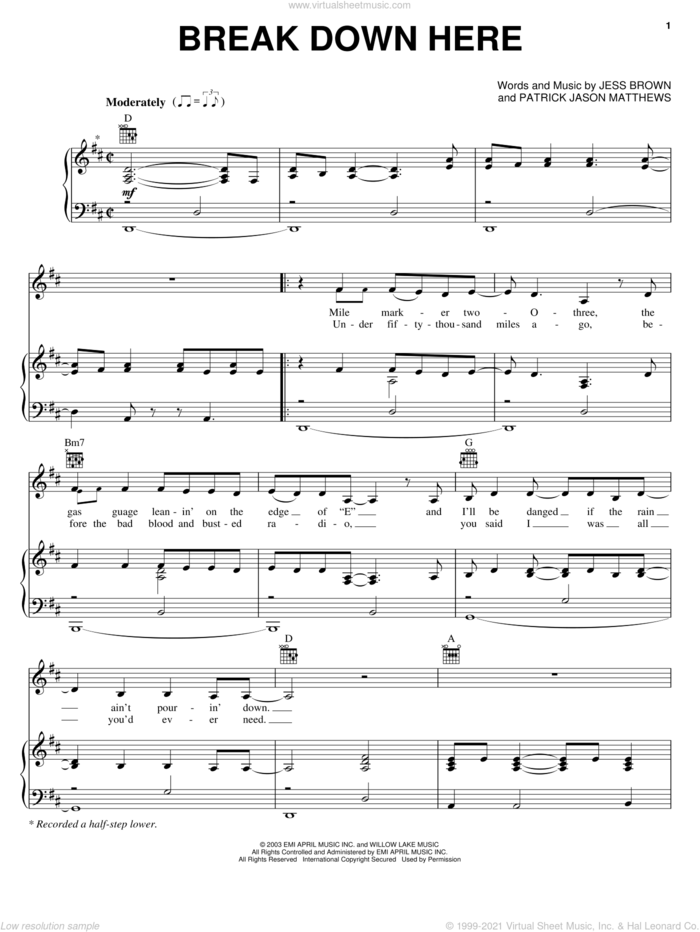 Break Down Here sheet music for voice, piano or guitar by Julie Roberts, Jess Brown and Patrick Jason Matthews, intermediate skill level