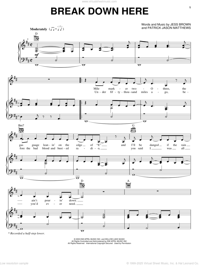 Break Down Here sheet music for voice, piano or guitar by Julie Roberts, Jess Brown and Patrick Jason Matthews, intermediate skill level