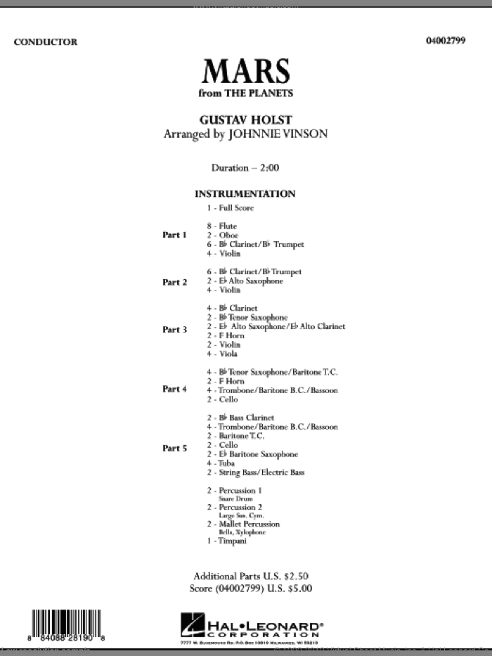 Mars (from 'The Planets') (COMPLETE) sheet music for concert band by Johnnie Vinson and Gustav Holst, intermediate skill level