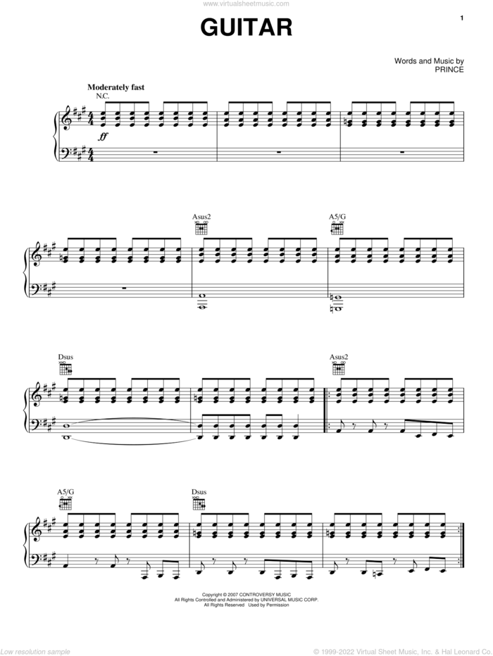 Guitar sheet music for voice, piano or guitar by Prince, intermediate skill level