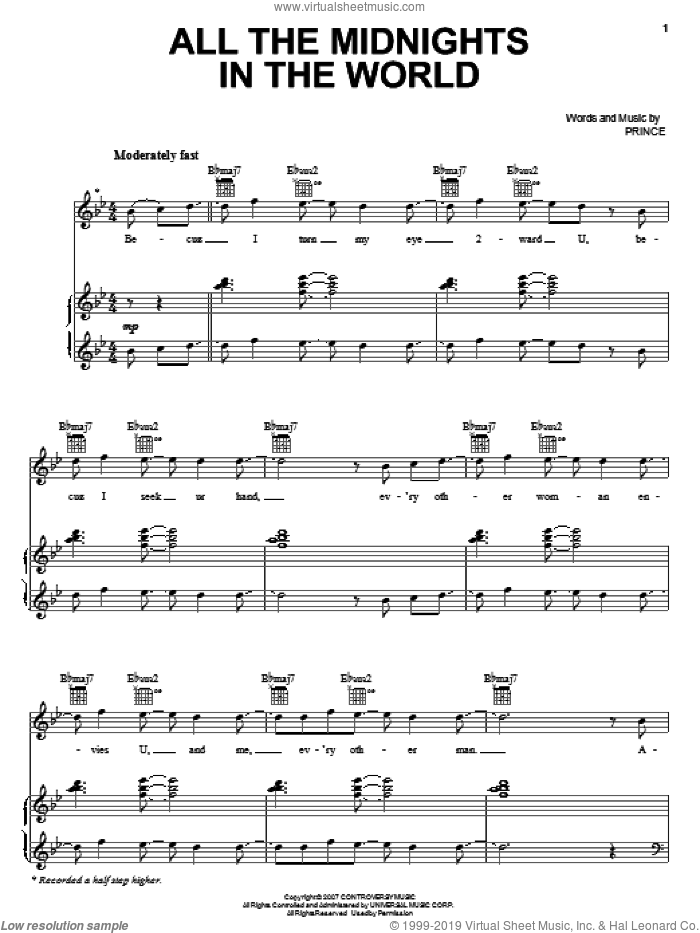 All The Midnights In The World sheet music for voice, piano or guitar by Prince, intermediate skill level