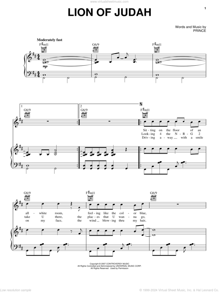 Lion Of Judah sheet music for voice, piano or guitar by Prince, intermediate skill level