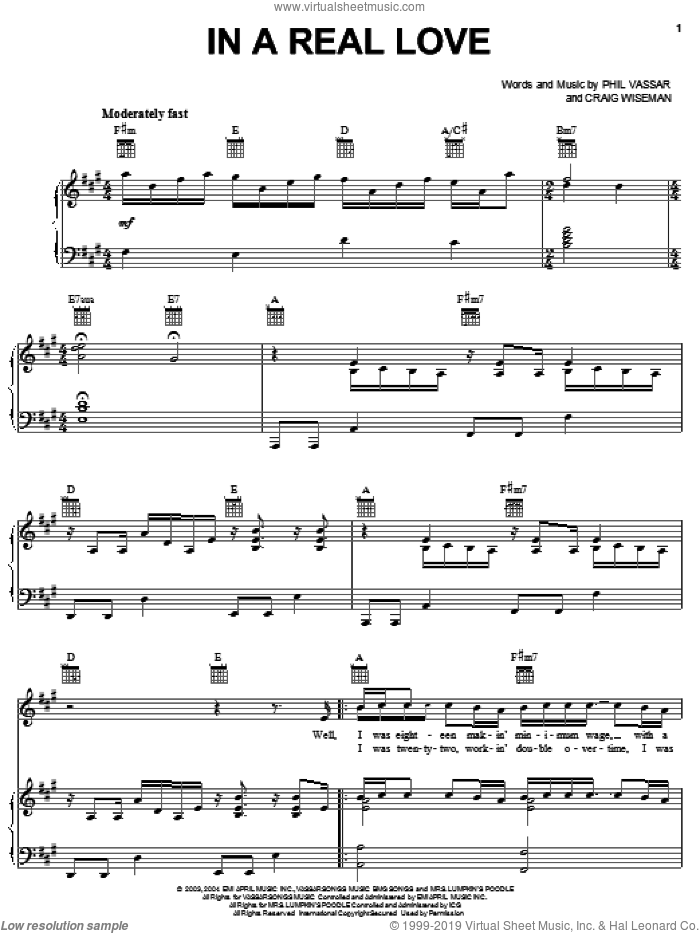 In A Real Love sheet music for voice, piano or guitar by Phil Vassar and Craig Wiseman, intermediate skill level