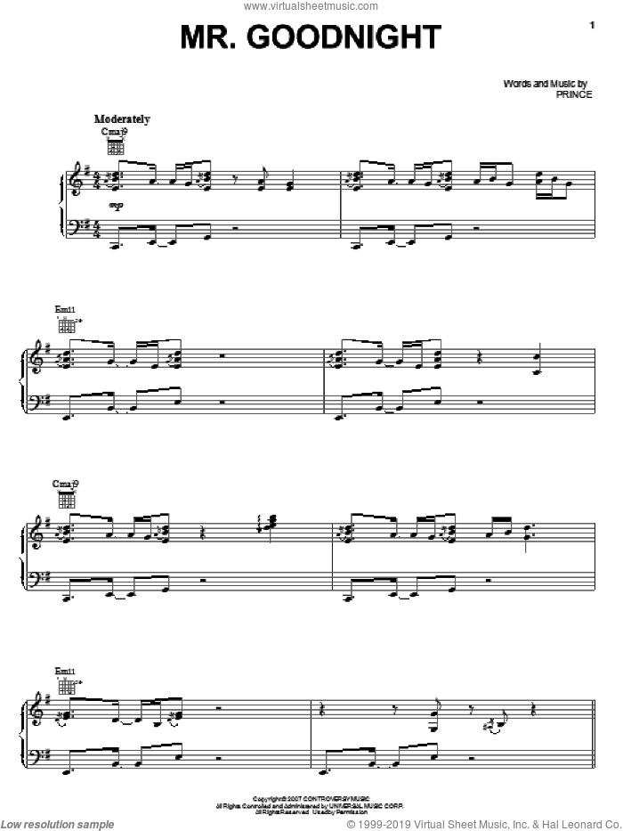 Mr. Goodnight sheet music for voice, piano or guitar by Prince, intermediate skill level
