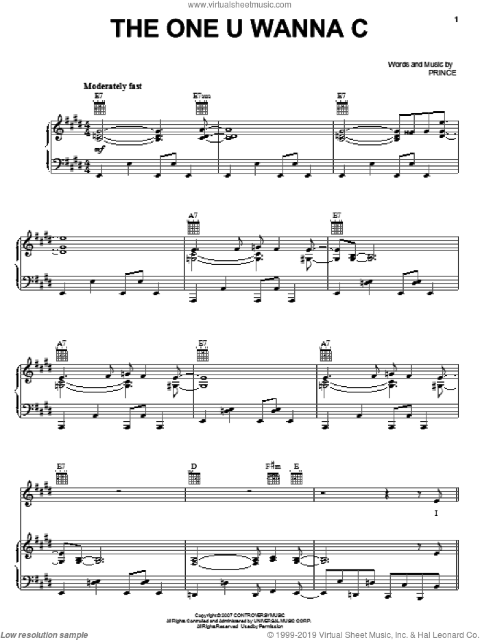 The One U Wanna C sheet music for voice, piano or guitar by Prince, intermediate skill level