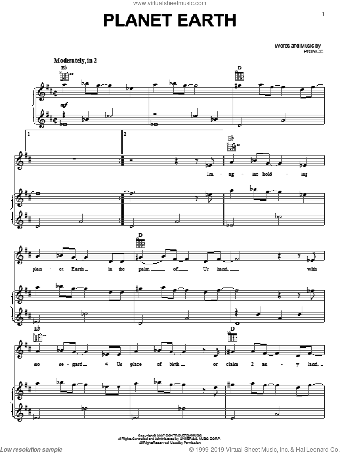 Planet Earth sheet music for voice, piano or guitar by Prince, intermediate skill level