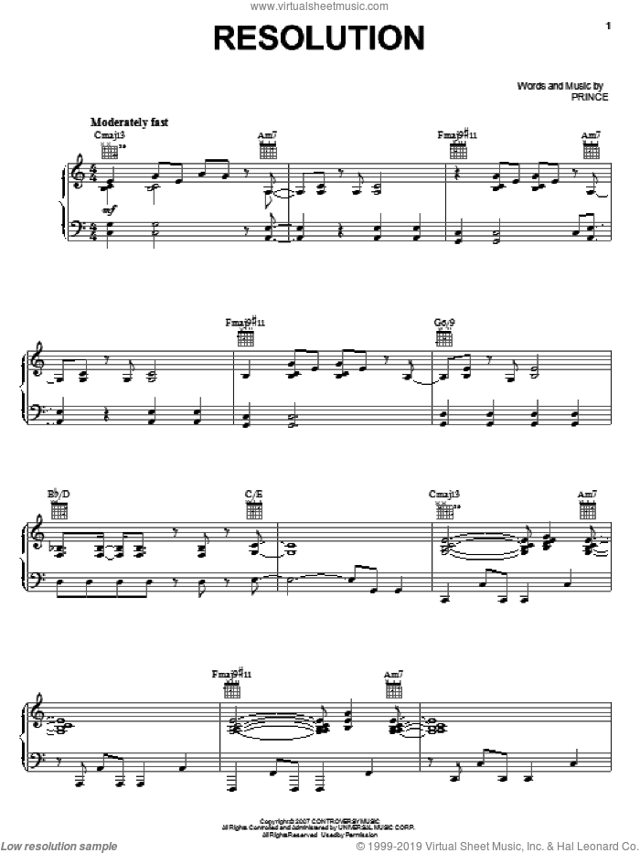 Resolution sheet music for voice, piano or guitar by Prince, intermediate skill level
