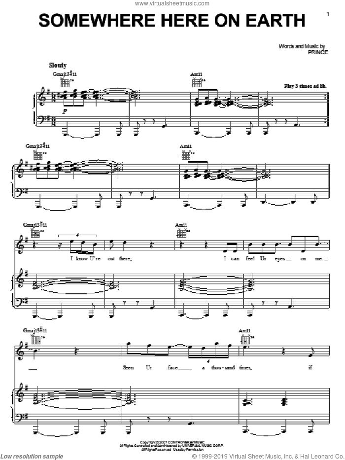 Somewhere Here On Earth sheet music for voice, piano or guitar by Prince, intermediate skill level