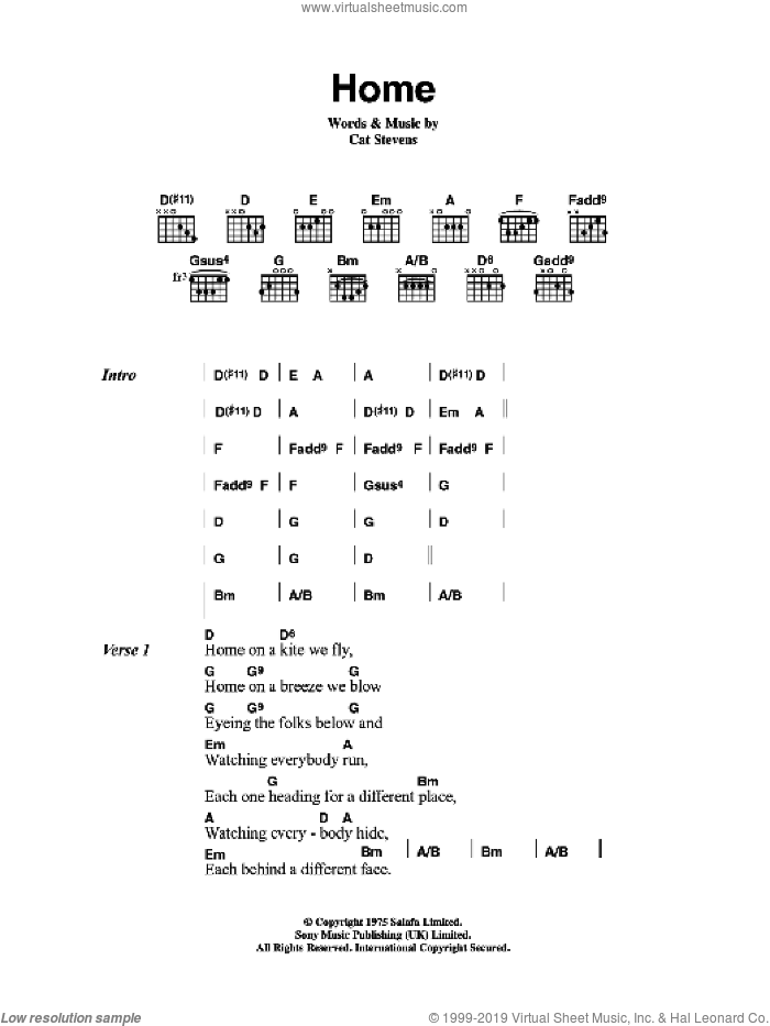 Home sheet music for guitar (chords) by Cat Stevens, intermediate skill level