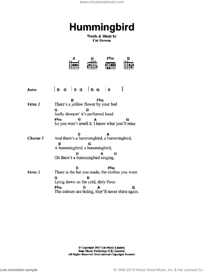 Hummingbird sheet music for guitar (chords) by Cat Stevens, intermediate skill level