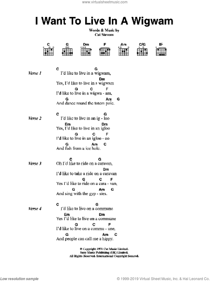 I Want To Live In A Wigwam sheet music for guitar (chords) by Cat Stevens, intermediate skill level